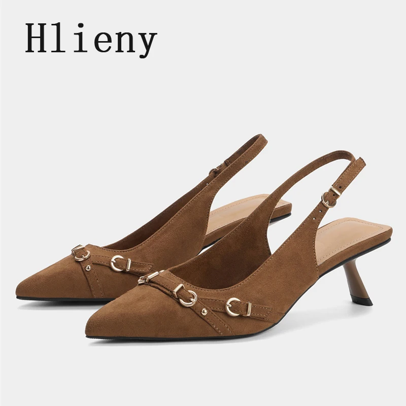 

Элегантные дизайнерские ретро-мюли Hlieny из коричневой замши с острым носком на низком тонком каблуке, женские туфли-лодочки, модные сандалии с ремешком на пятке