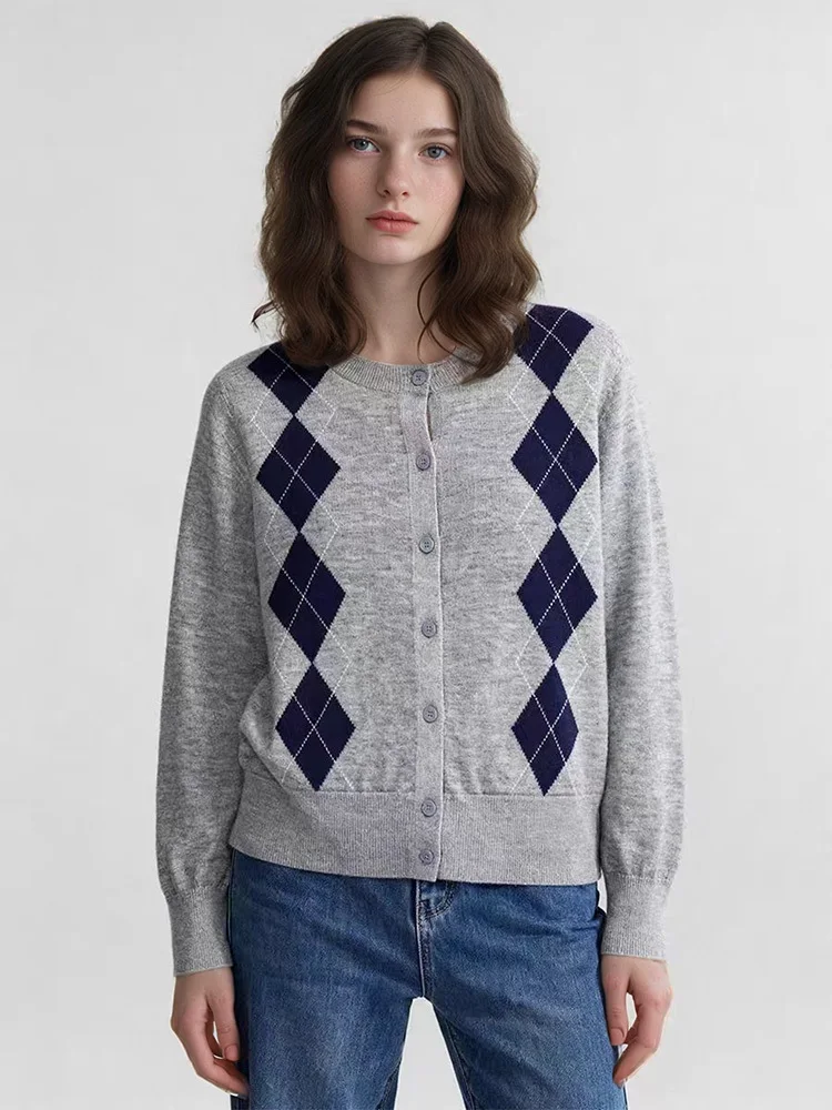 

Весенний женский кардиган в клетку, 32% шерсти, круглый вырез, однобортный свитер, корейский трикотаж