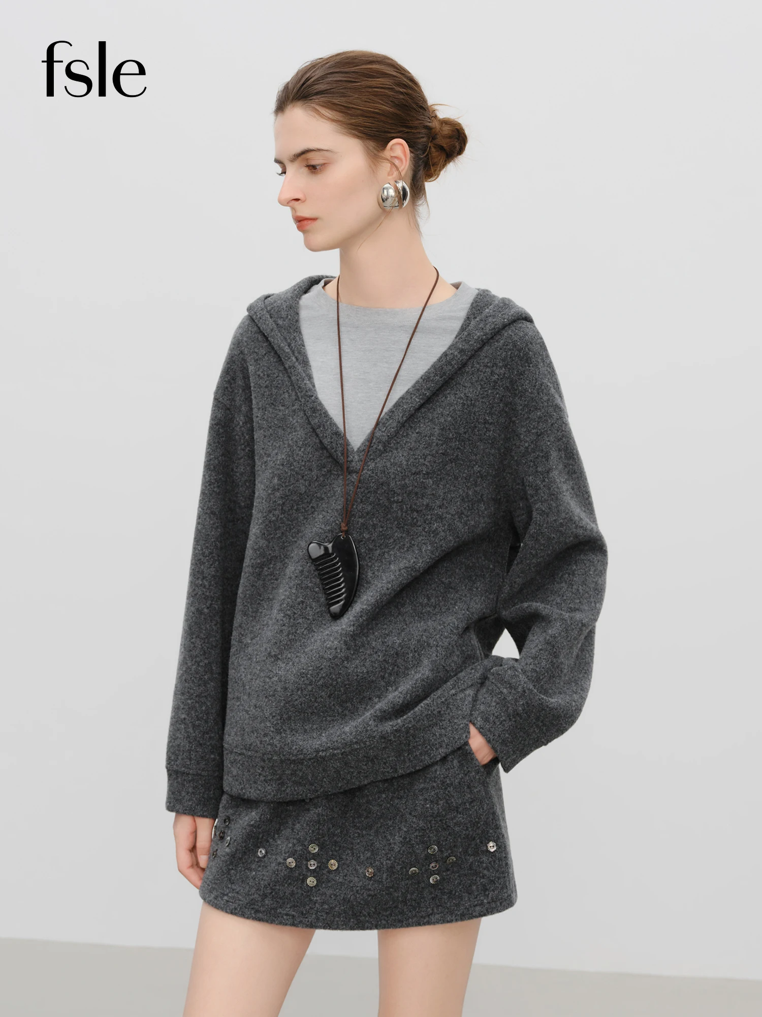 FSLE【Serie Premium】Set di felpe con cappuccio due in uno da donna 2025 Inverno - Abbigliamento da casa casual in pile con design a strati falsi