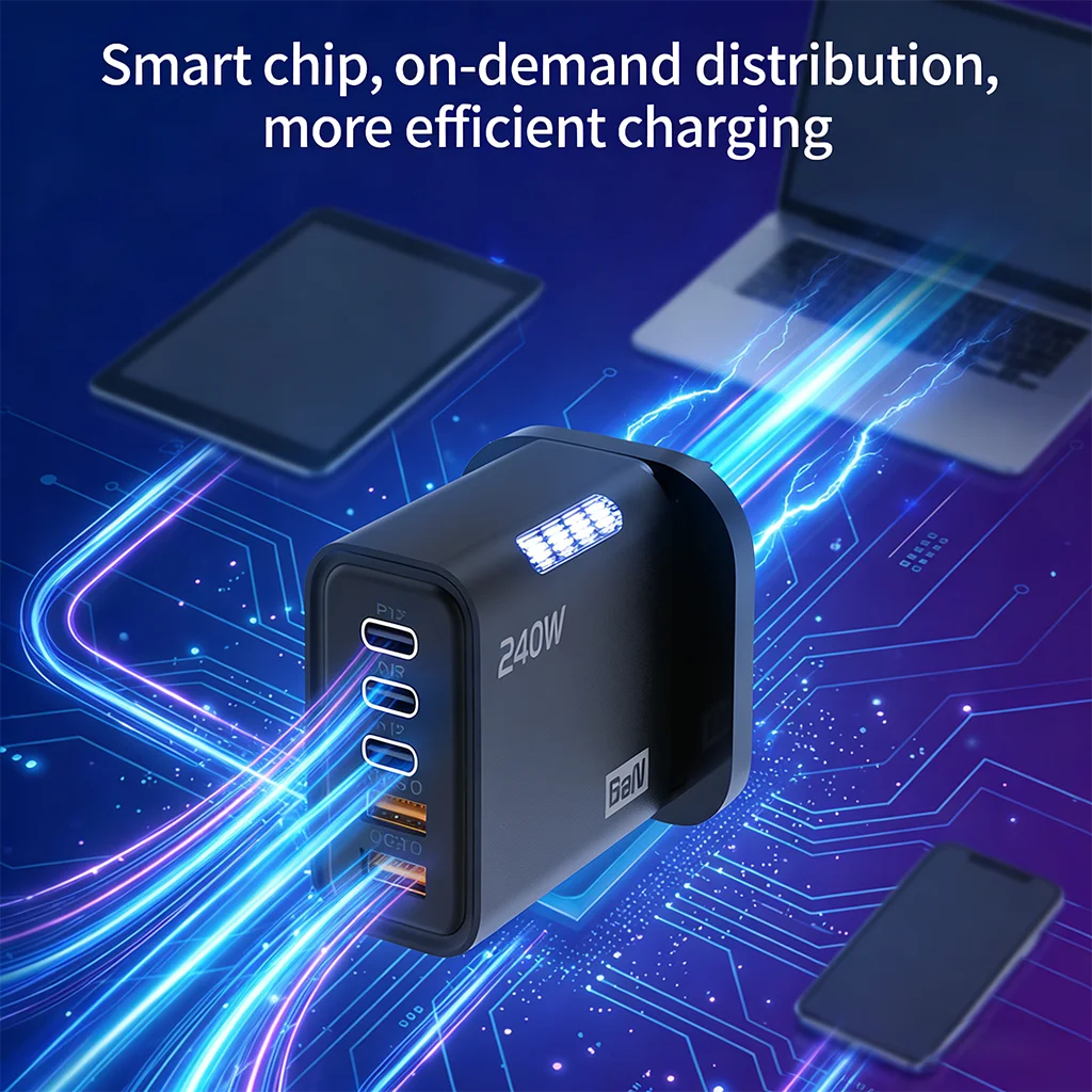 

240W GaN Charger 5-in-1 – 3 USB-C 2 USB-A for iPhone 17 16 Samsung S25 S24 Xiaomi 16 15 Huawei Mate 70 60 Smartphones and More