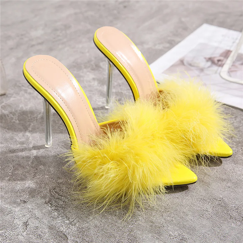 Summer Fur Slippers Fluffy Cute Plush Ladies Flip Flops Luxury Charming Home Outdoor Non-Slip Wear-Resistant High Heel Sandals