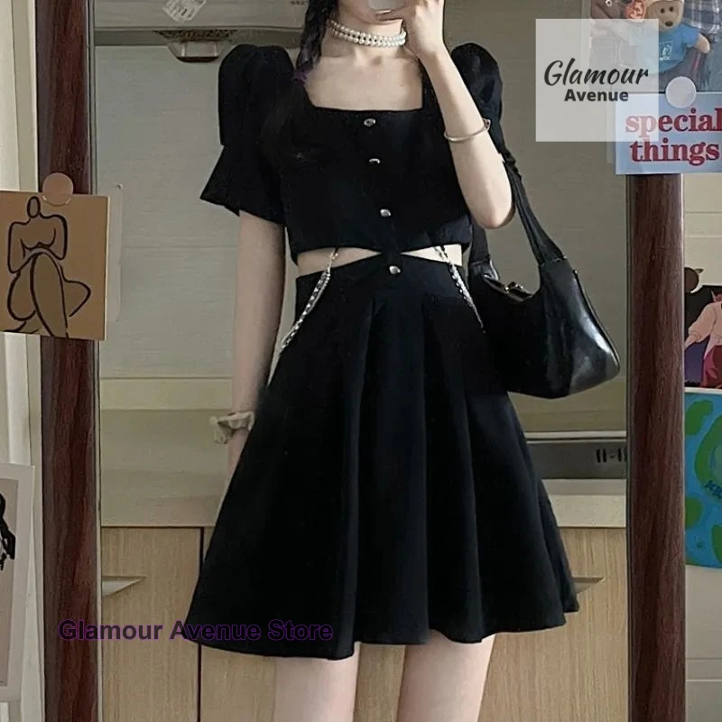 

Korean Diablo square collar sweet and cool temperament little black dress female summer new fashion design hollow waist dress