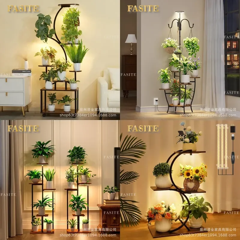 For Indoor S-Shaped Wooden Plant Stand with Growth Lamp Elevated Angular Flower Rack for Living Room Home Decor Space Saving