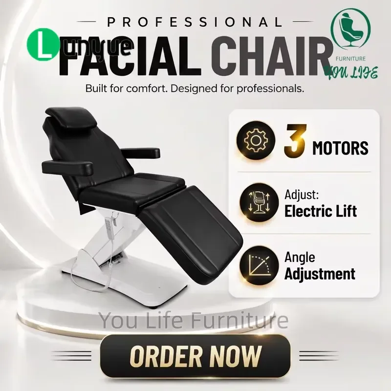 3 Motor Electric Facial Bed Full Reclining Height Adjustable Massage Spa Chair with Foot Pedals for Eyelash Tattoo