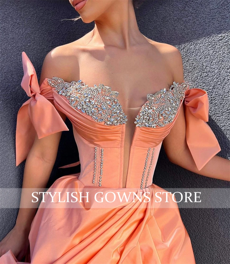 Vestidos de Noche saudíes con cuentas rosas, vestidos para ocasiones especiales con hombros descubiertos, vestido elegante de fiesta de cumpleaños con abertura alta personalizado