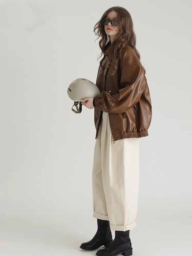 Mauroicardi primavera otoño de gran tamaño desgastado lavado marrón chaqueta de cuero de imitación mujeres con cremallera suelta Casual ropa Retro americana