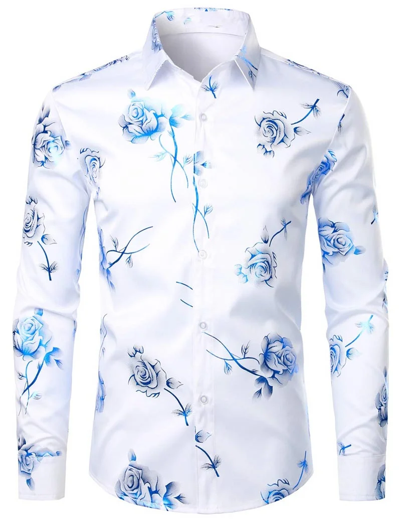 Camisa con estampado 3D de flores para hombre, camisa de manga larga con solapa y botones, ropa de fiesta, diseño cómodo, 2024