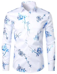 Chemise à manches longues pour hommes avec impression 3D de fleurs, haut boutonné à revers, vêtements confortables, styles de fête, mode 2024