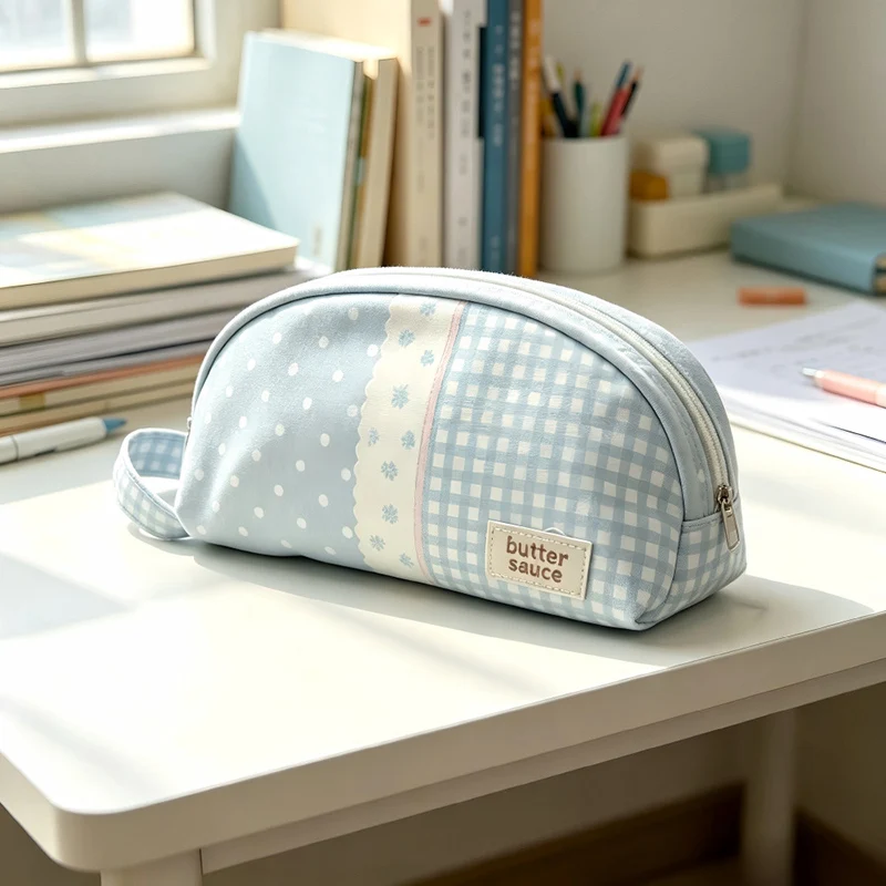 Portable Plaid Polka Dot Print Pencil Case Shell Shape Large Capacity Pen Bag with Handle Stationery Organizer Gift
