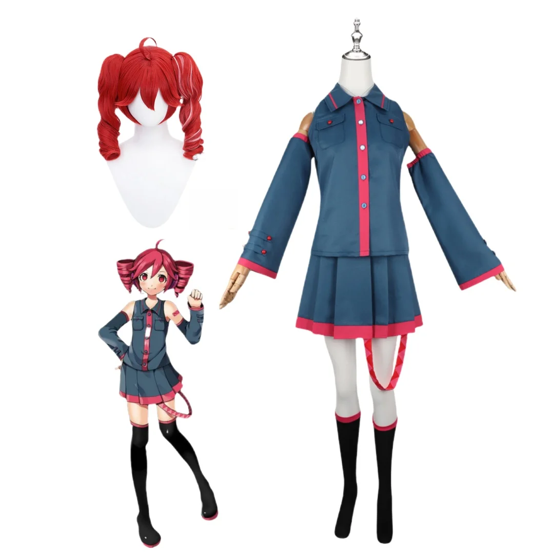 

Anime Kasane Teto Cosplay Blue Costume Red Wig