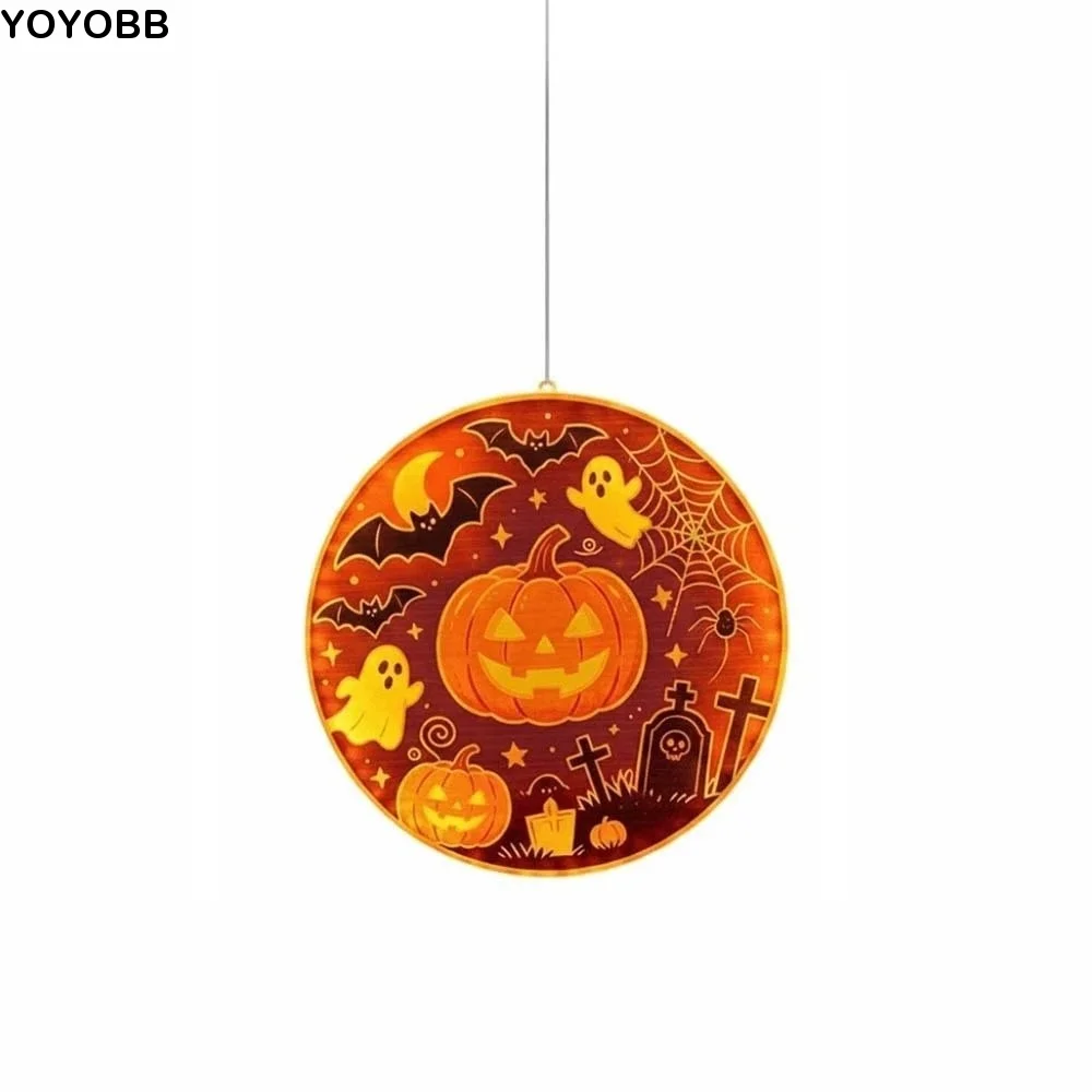 Warm Yellow Glow Halloween Window Lights Cute Cartoon Patterns Double Sided Graphic Ghost Silhouette Light Energy Saving LED