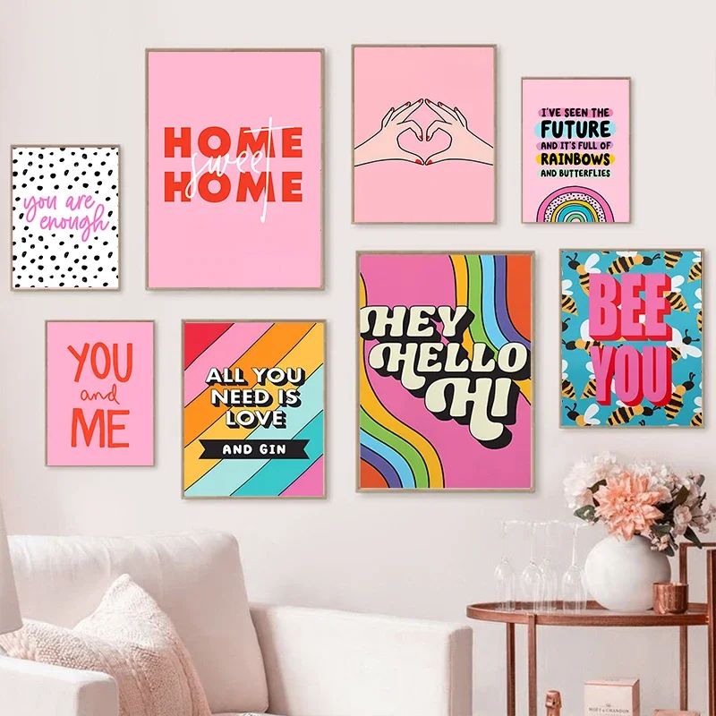 Rainbow Love Canvas Painting You are Enough Colorful Quotes Poster Pink Wall Art For Bedroom Living Room Home Decoration