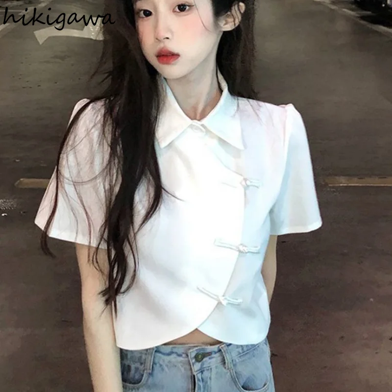 Temperament Ladies Tops Blouse for Women Short Sleeve Vintage Summer Shirts 2023 Blusas De Mujer Korean Irregular White Blouses