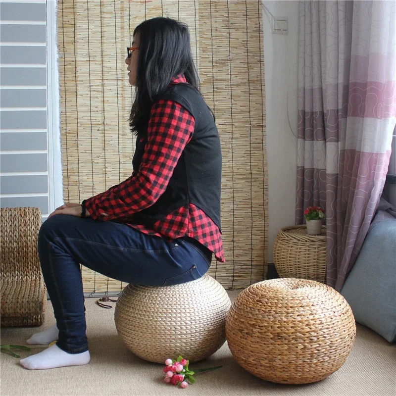 Japanese style natural straw stool sitting seat living room Spherical round  stool rattan cushion natural hand woven foot stool