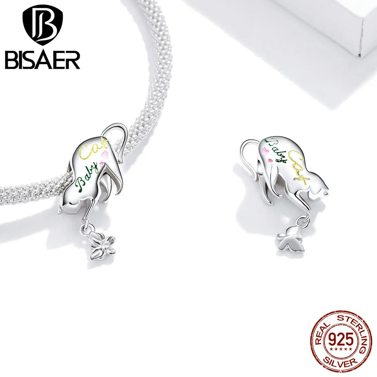 BISAER – breloques en argent Sterling 925, jolies perles en forme de patte de chiot, de chat, adaptées au collier et au Bracelet de bricolage, bijoux ECC1676