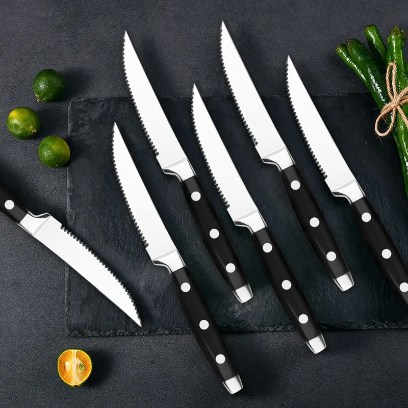 Stainless Steel Sharp Steak Knife Black Meat Knives Restaurant Cutlery Flatware Set Plastic Handle Dishwasher safe 6Pcs/set