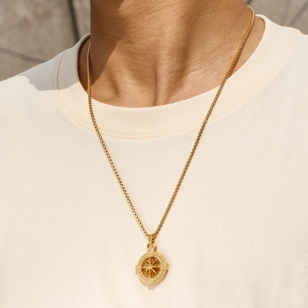 

NADEEM Y2K Vintage Stainless Steel Compass Pendant Necklace for Men Street Jewelry Trendy Link Necklace Wholesale Dad's Gift
