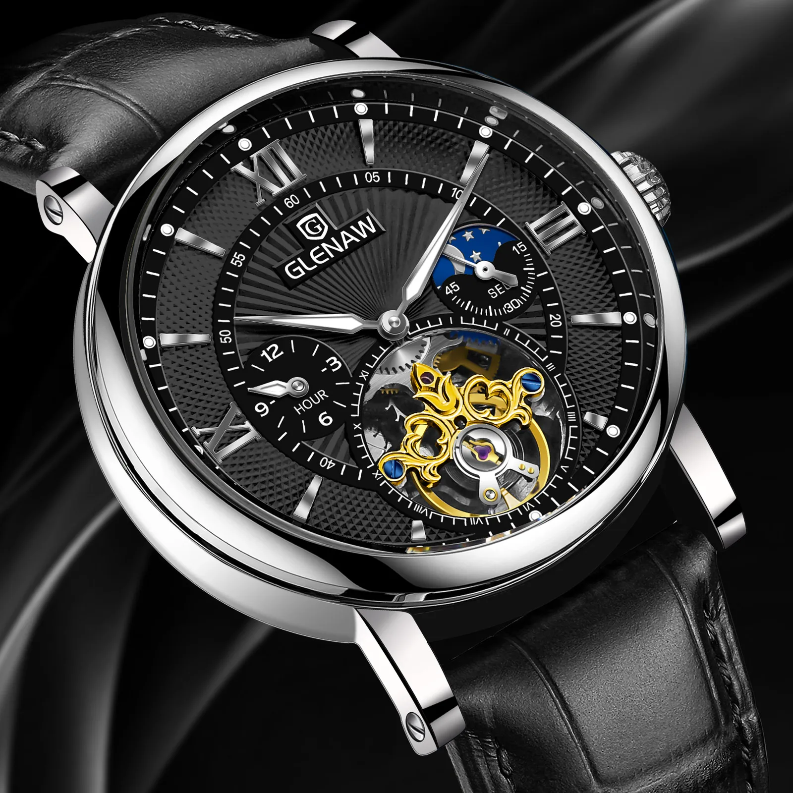 GLENAW Design New Three needles Mechanical Watch Men Night Light Waterproof Top Luxury stainless steel Mechanical Watch leather