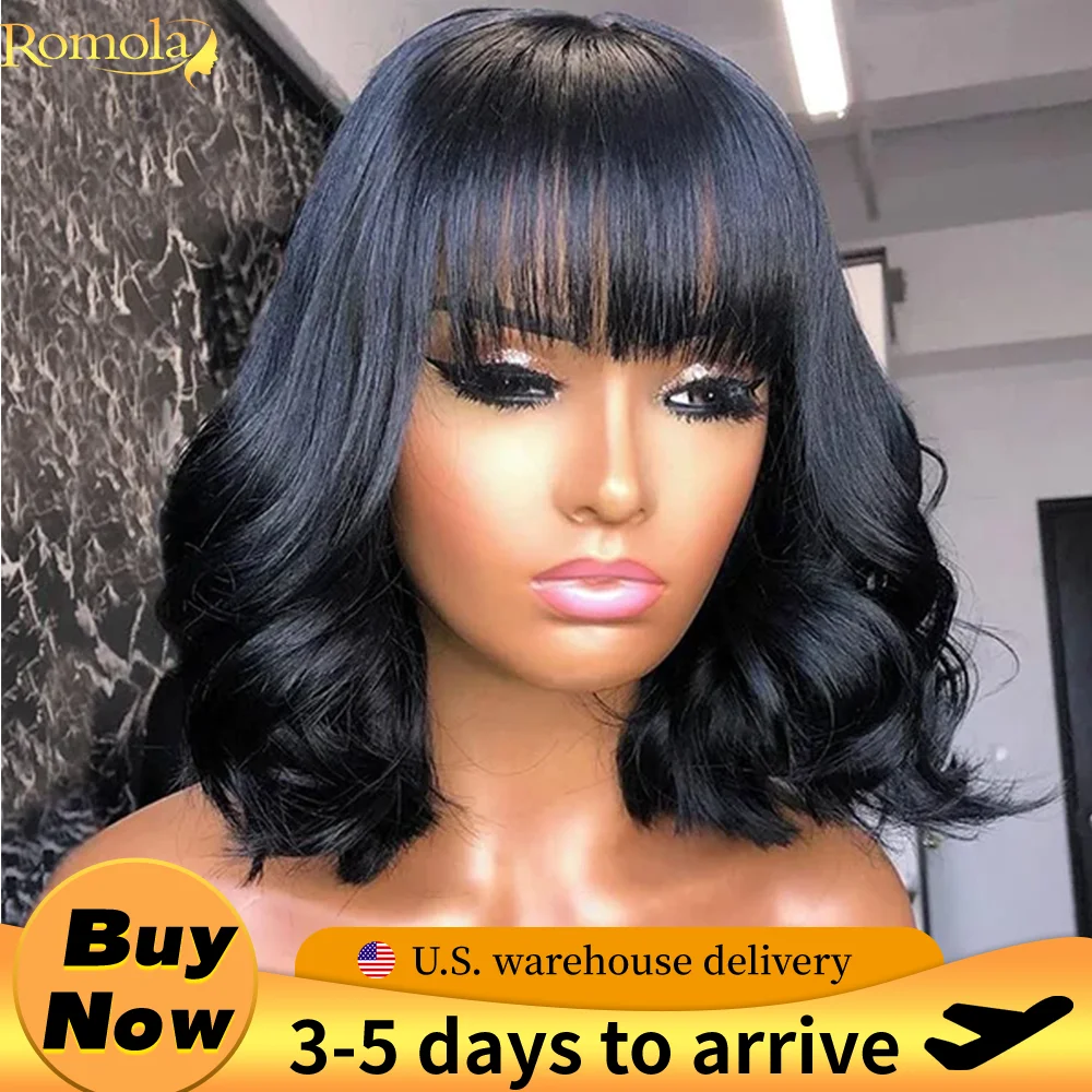 

RomolaWigs 3X1 Middle Part Lace Wig Bob Wigs 200% Density Body Wave Wig With Bangs Brazilian Virgin Human Hair Short Bob Wigs