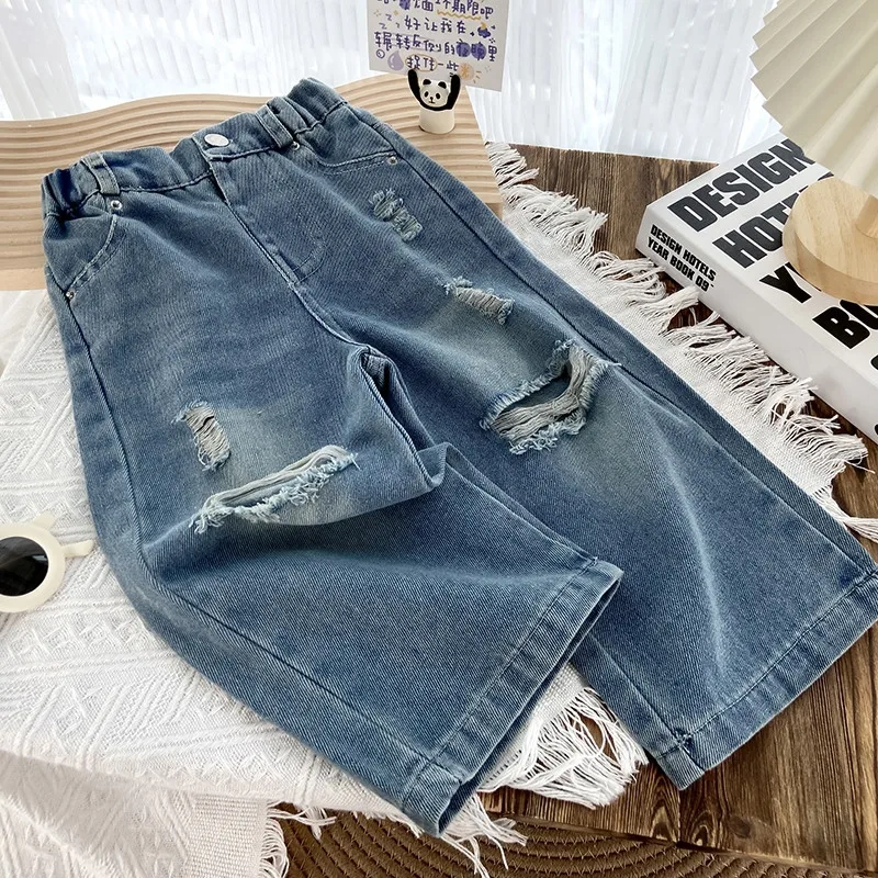 Spring and Autumn Girls Ripped Jeans Fashion Children's High Waist Loose Wide Leg Pants Straight Leg Pants