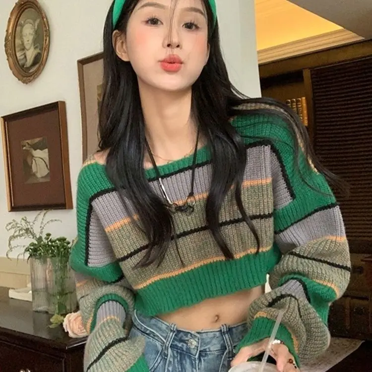 Lazy style color striped short sweater autumn 2024 new Spice girl pullover temperament long-sleeved knitted top woman