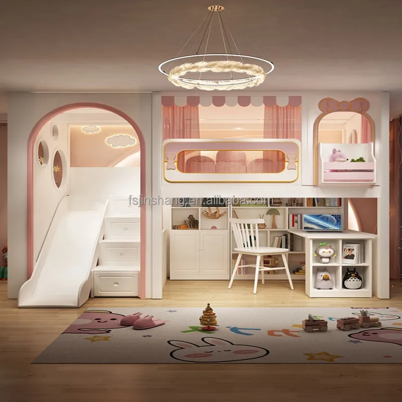 تصميم سرير بطابقين للأطفال لأثاث غرف نوم الأطفال وسرير خشبي علوي مع منزلق ودرج