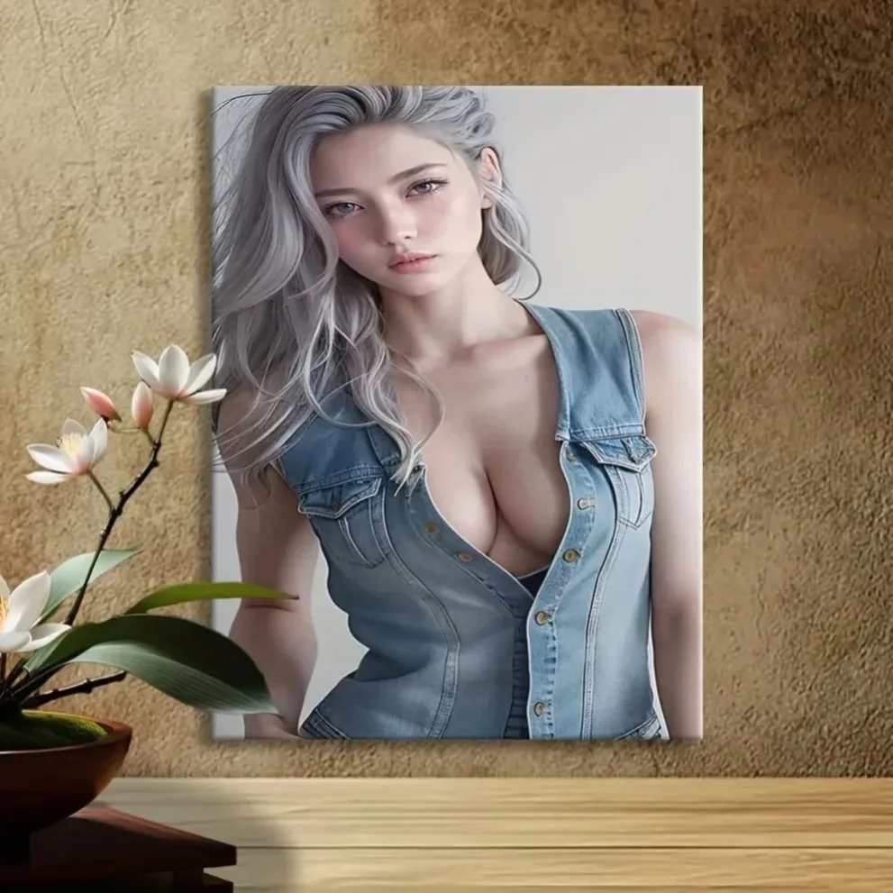 Vintage Metal Wall Art Silver Haired Woman Denim Vest Oil Painting Elegant Home Decor