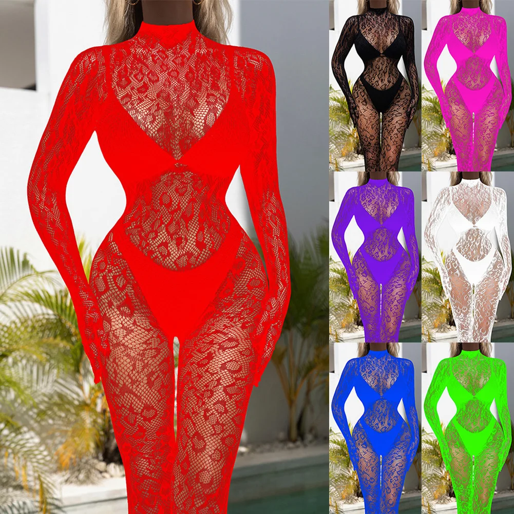 Women Bodysuit Stocking Fishnet Transparent Colorful Mesh Romper Club Jumpsuit See Through Tights Erotic Costume Sleepwear