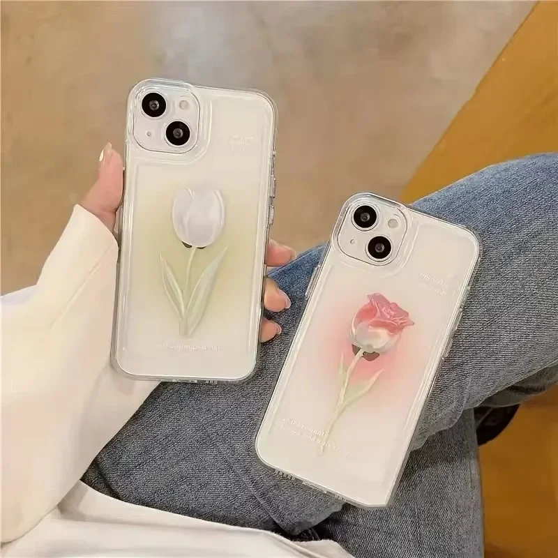 Funda de teléfono Tulip para iPhone 13, 11, 12, 14, 15 16 Pro Max XR X XS Max 7, 8, 15 Plus, funda transparente a prueba de golpes, Fundas suaves de