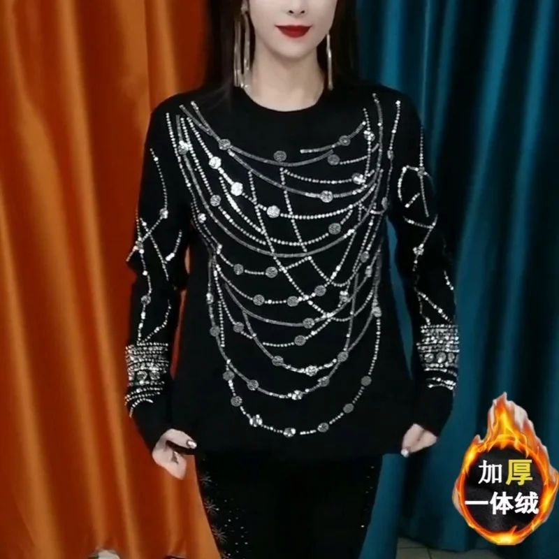 Women\'s Clothing Autumn Winter Korean Fashion Rhinestone Velvet Thick Basic T-shirts Elegant Black O Neck Long Sleeve Slim Tops