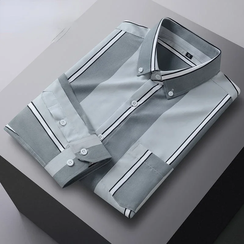 Men Printed Shirt Spring and Autumn Long-sleeved Pocket Stripes Shirt Slim Man Fashion Korean All Matching Casual Undershirt