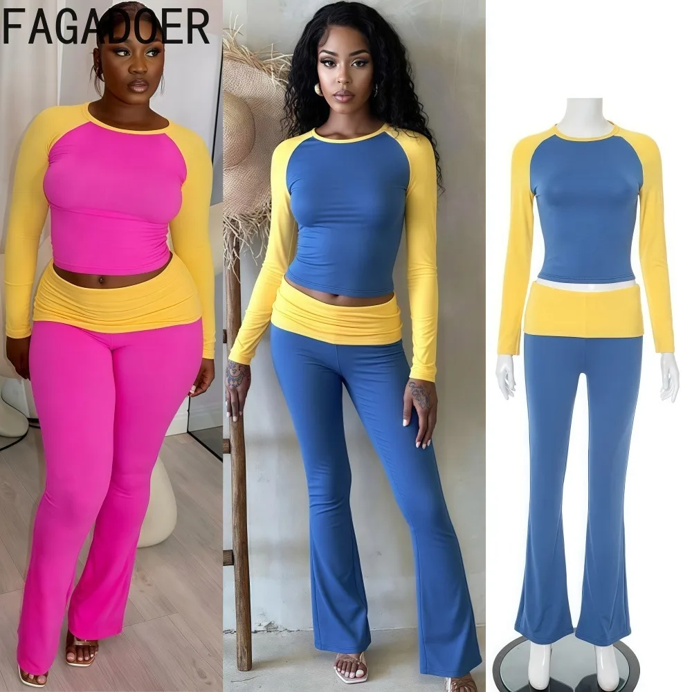 

FAGADOER Summer New Casual 2 Piece Sets Woman Outfit Color Block Crop Tops + Flare Pants Matching Tracksuits Female Streetwear