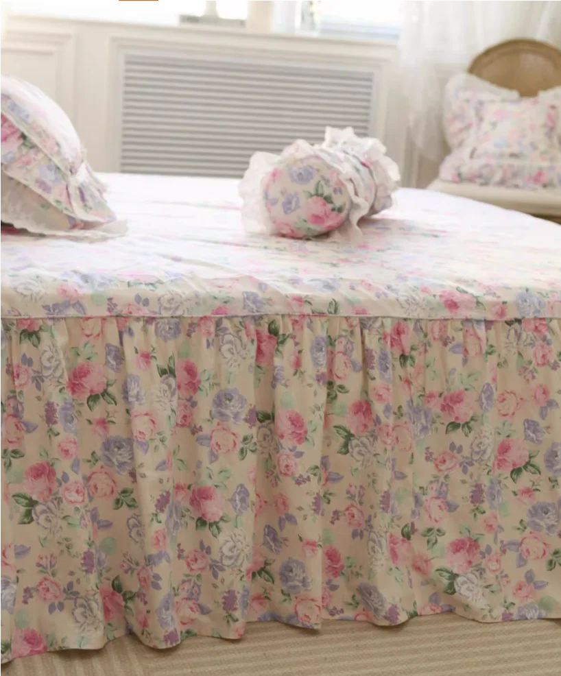 Rose Printed Bed Cover Cotton Bed Sheet in Queen Size Skirt Design Flower Bed Sheets Couvre Lit Colchas Handmade Coverlets