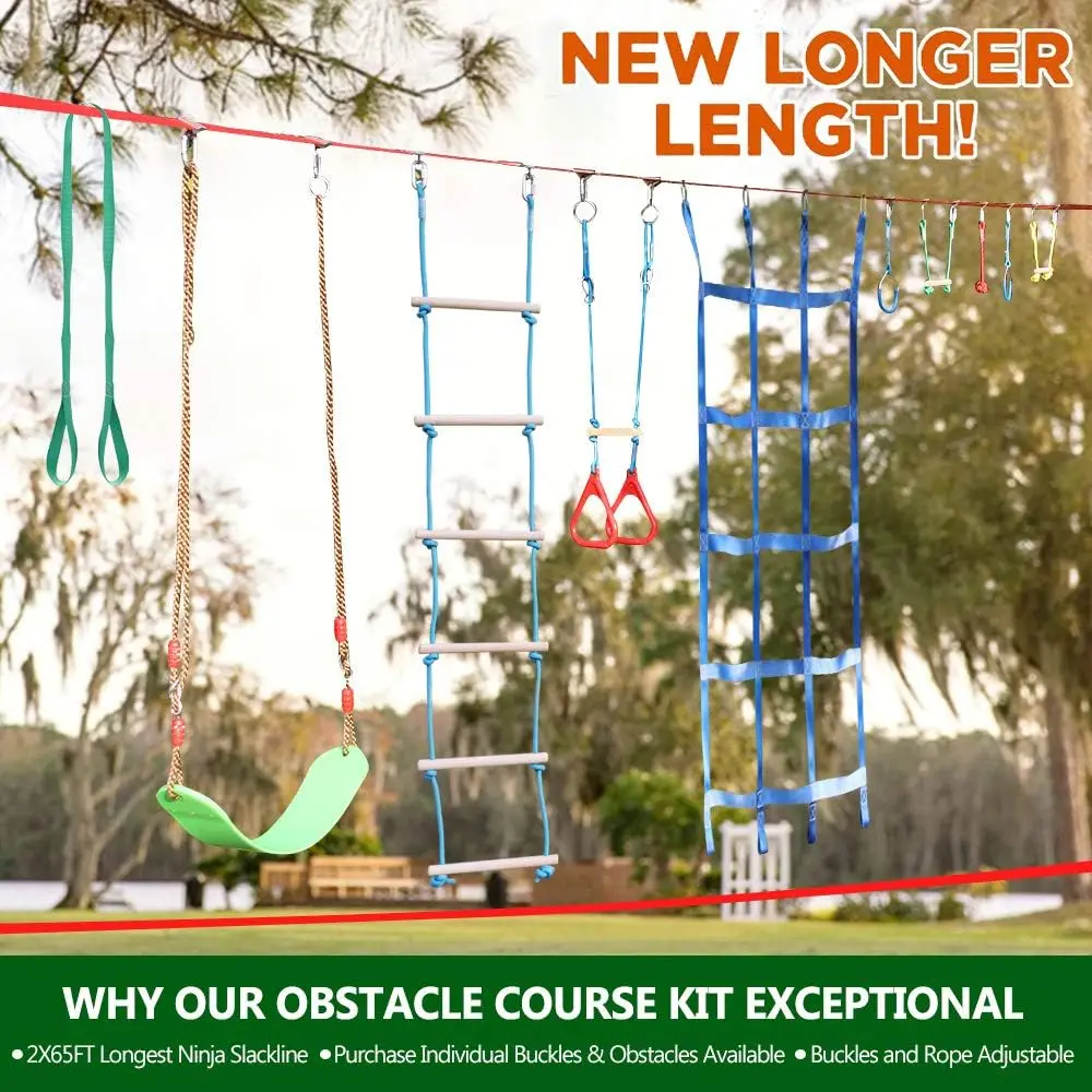 Ninja Warrior Obstacle Course For Kids Backyard - 2×65Ft Slackline Kit With 10 Most Complete Accessories For Boys & Girls,