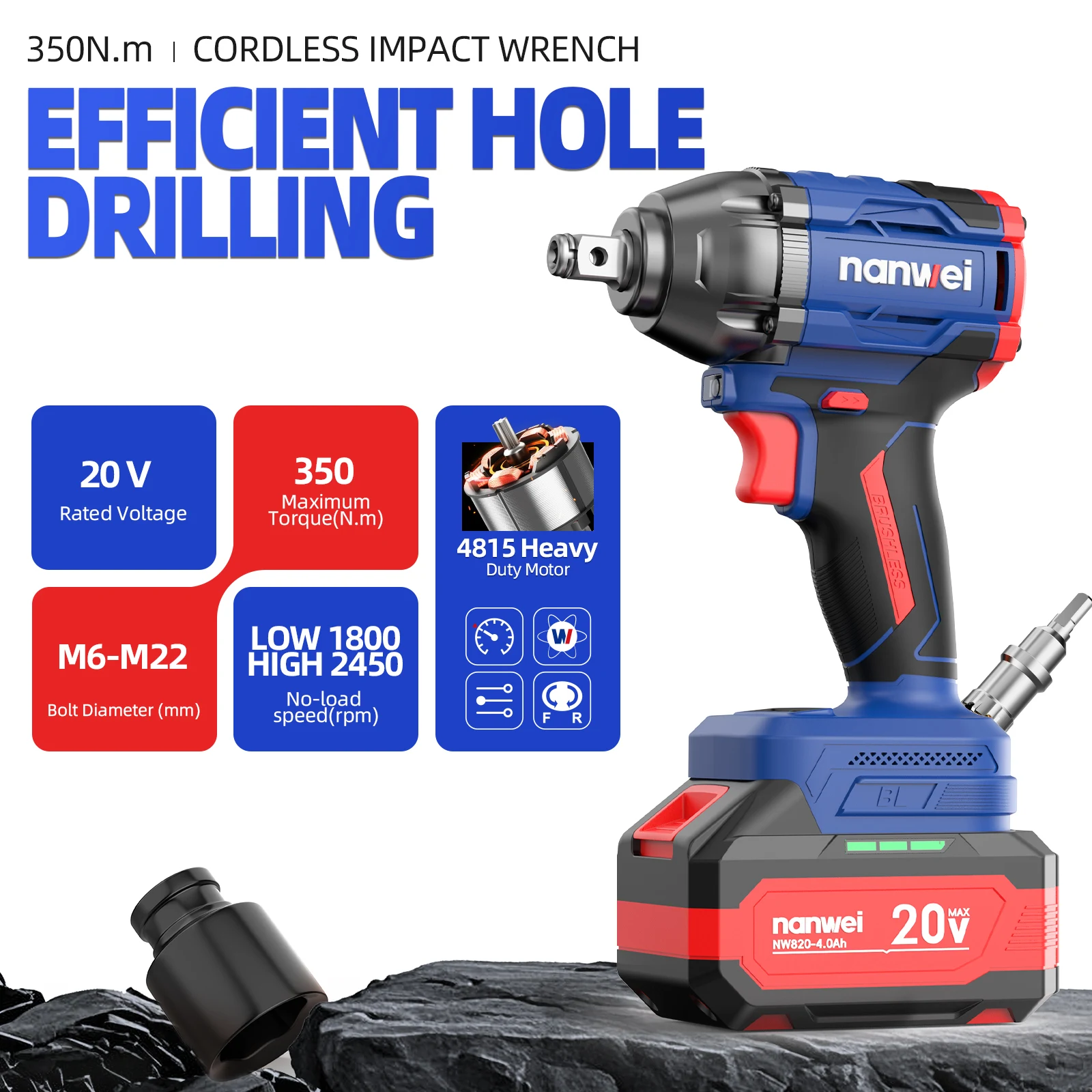 Nanwei 350NM Brushless Electric Impact Wrench 2 IN 1 Cordless Electric Wrench 1/2 inch for 20V Battery Screwdriver Power Tools