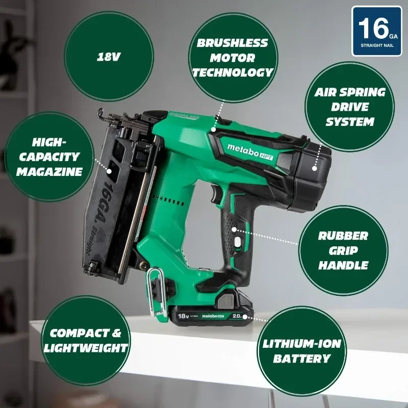 HOME.HPT 18V MultiVolt™Kit Nailer lurus tanpa kabel, 16 Gauge Finish Nailer, (1) 18V 2.0Ah baterai Lithium Ion dengan bahan bakar Ga