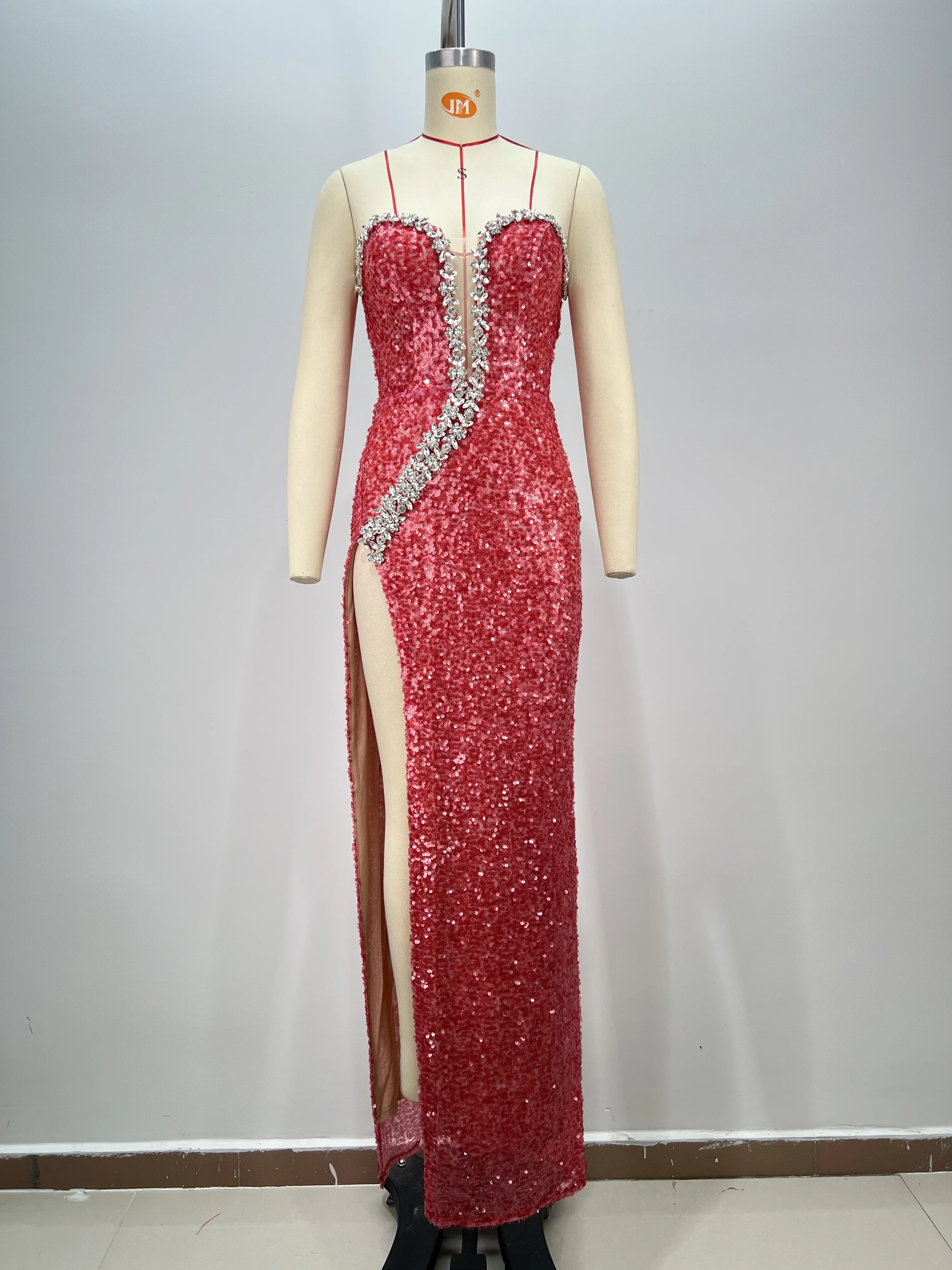 Women Sexy Sparkle Rhinestone Red Sequin Maxi Long Dress Luxury Elegant Birthday Party Club Evening Stage Performance Costume