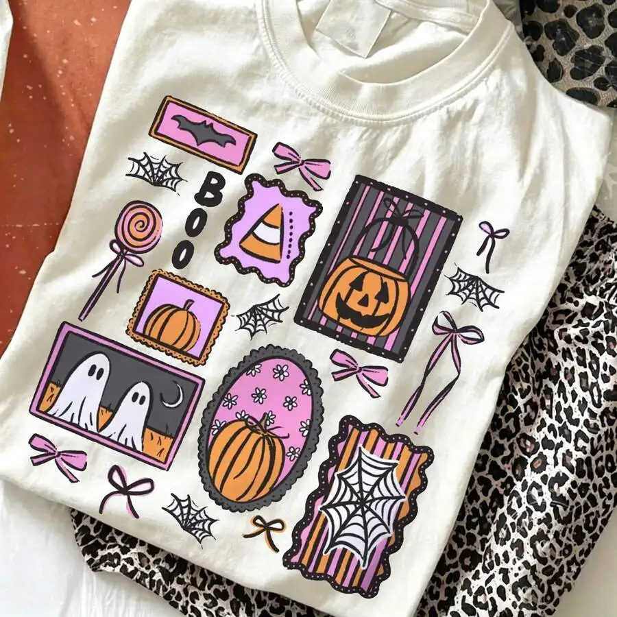 Women's Pink Coquette Halloween Bow Ghost Graphic Print T‑Shirt Crew Neck Short Sleeve Fall Beach Vacation Casual Tee Top