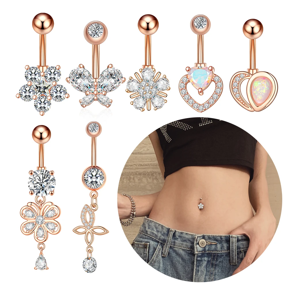 1 Stück Roségoldfarbener Bauchnabelpiercing 14G Herz Schmetterling Gebogener Nabelpiercing für Frauen Bauchnabelringe
