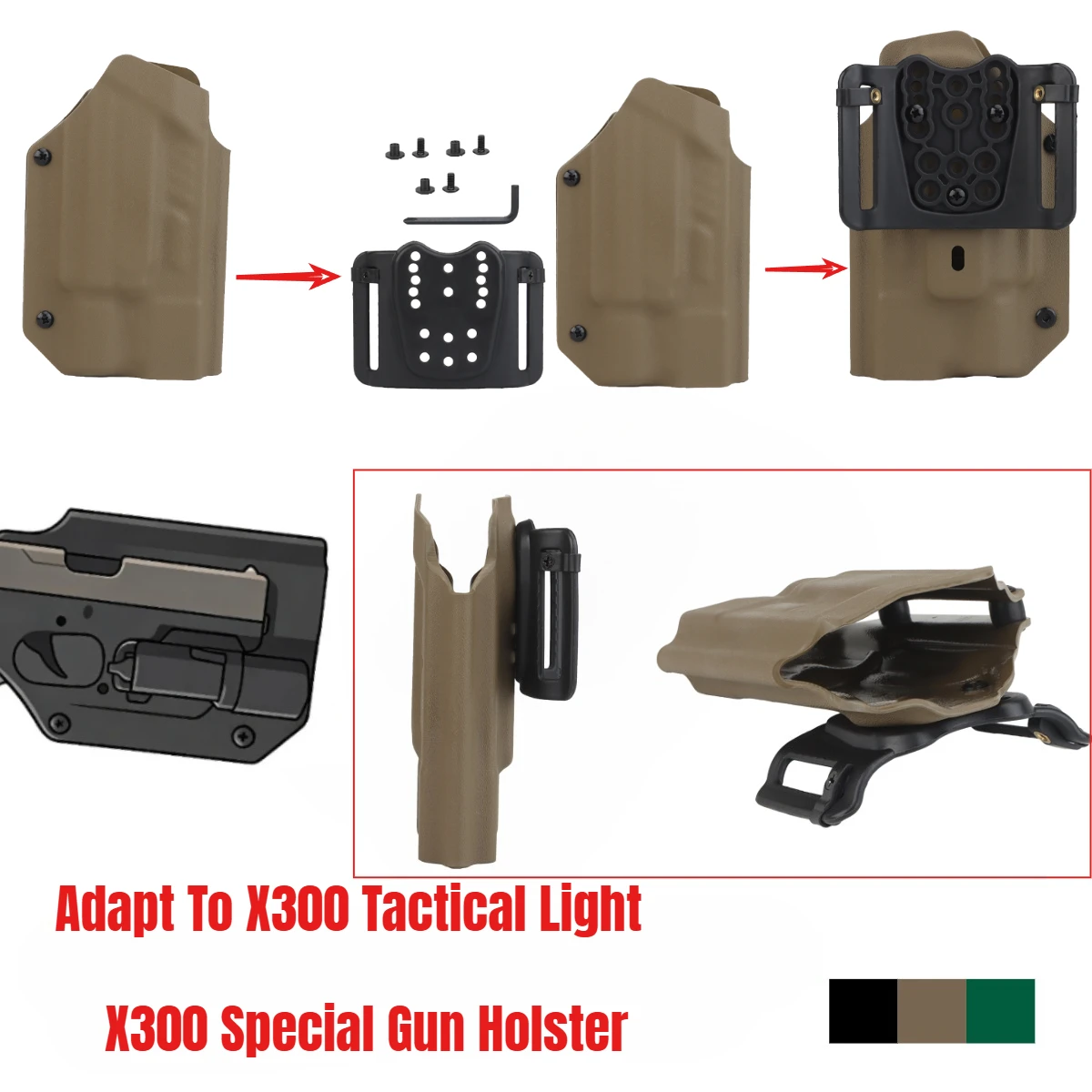 Tactical Kydex Holster Lightweight 9mm For GLOCK 17 19 22 23 34 35 45 with X300U X300 Ultra Flashlight Hunting Holster