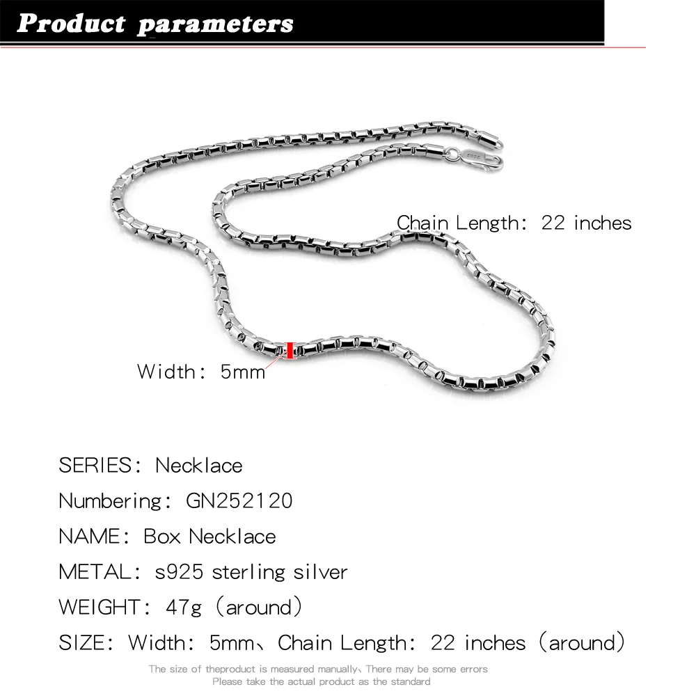 Sterling Silver 925 Men\'s Necklace Box Chain Necklace Long Clasp Classic Luxury Jewelry 46-66cm Length Birthday Gift