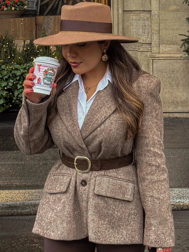 HH Woman Autumn Single Breasted Pocket Decoration Long Sleeves Lapel Herringbone Twill Blazer Female Fashion Casual Overcoat