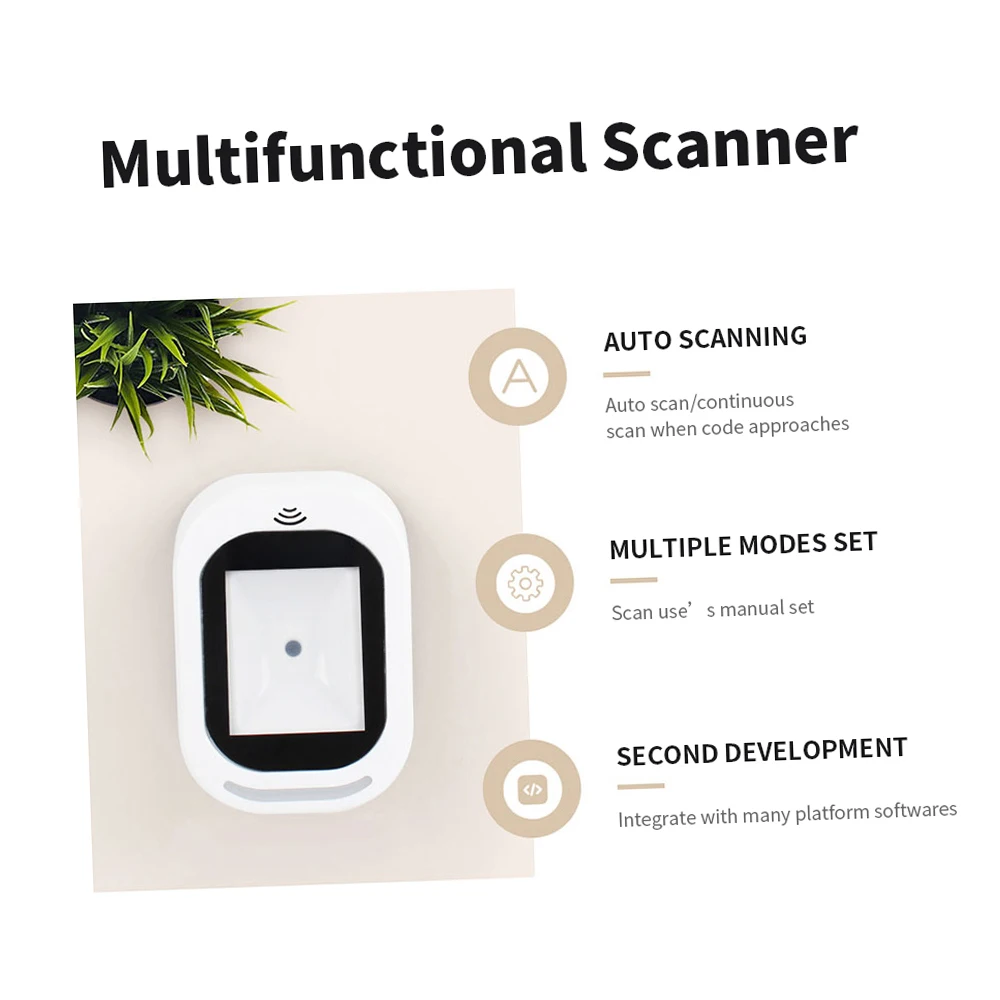 Scanner de código de barras com fio USB Varredura versátil Varredura mãos-livres Leitor de código QR 1D e 2D para supermercados/lojas (branco)