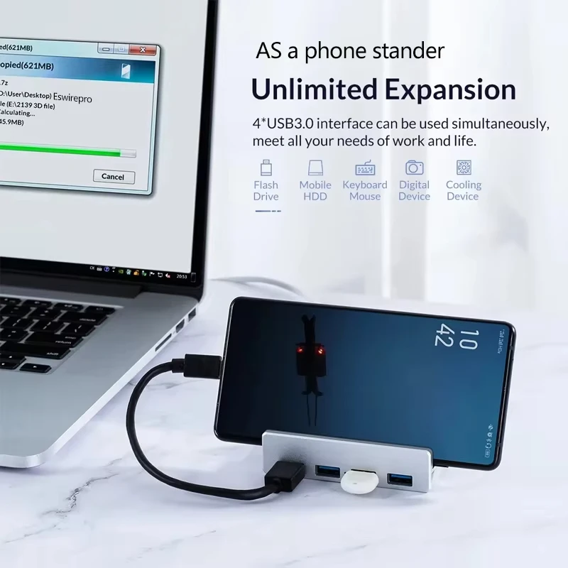 USB HUB 4 Ports USB 3.0 Clip Hub with Power Supply High Speed 5Gbps 10Gbps Data Transmission for iMac OS PC USB Hub 3.2
