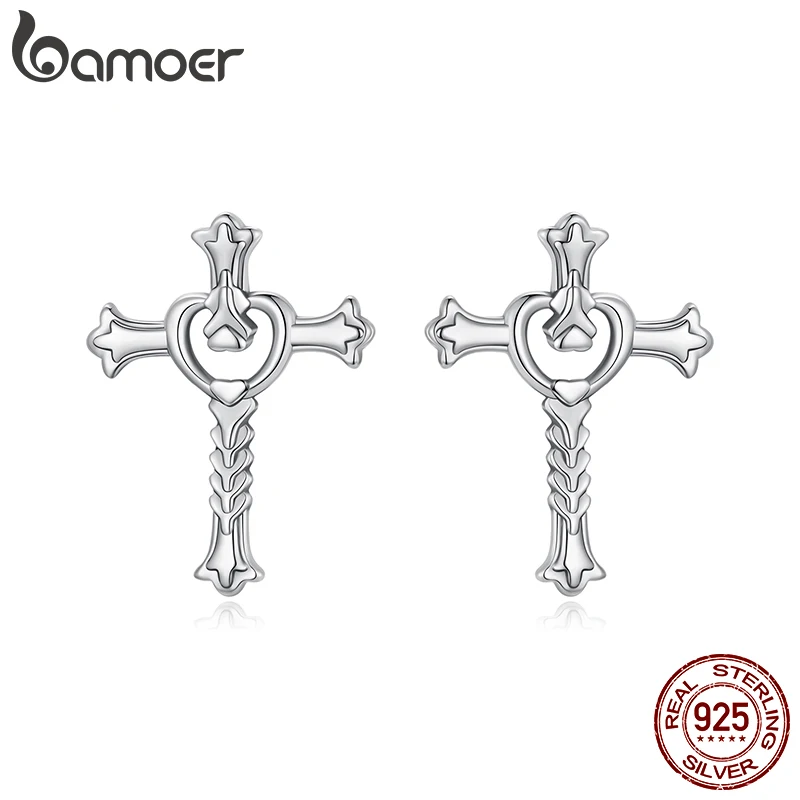 

Аутентичные серьги-гвоздики BAMOER из стерлингового серебра 925 пробы с крестом для женщин, гипоаллергенные ювелирные изделия в стиле панк, подарок SCE1853