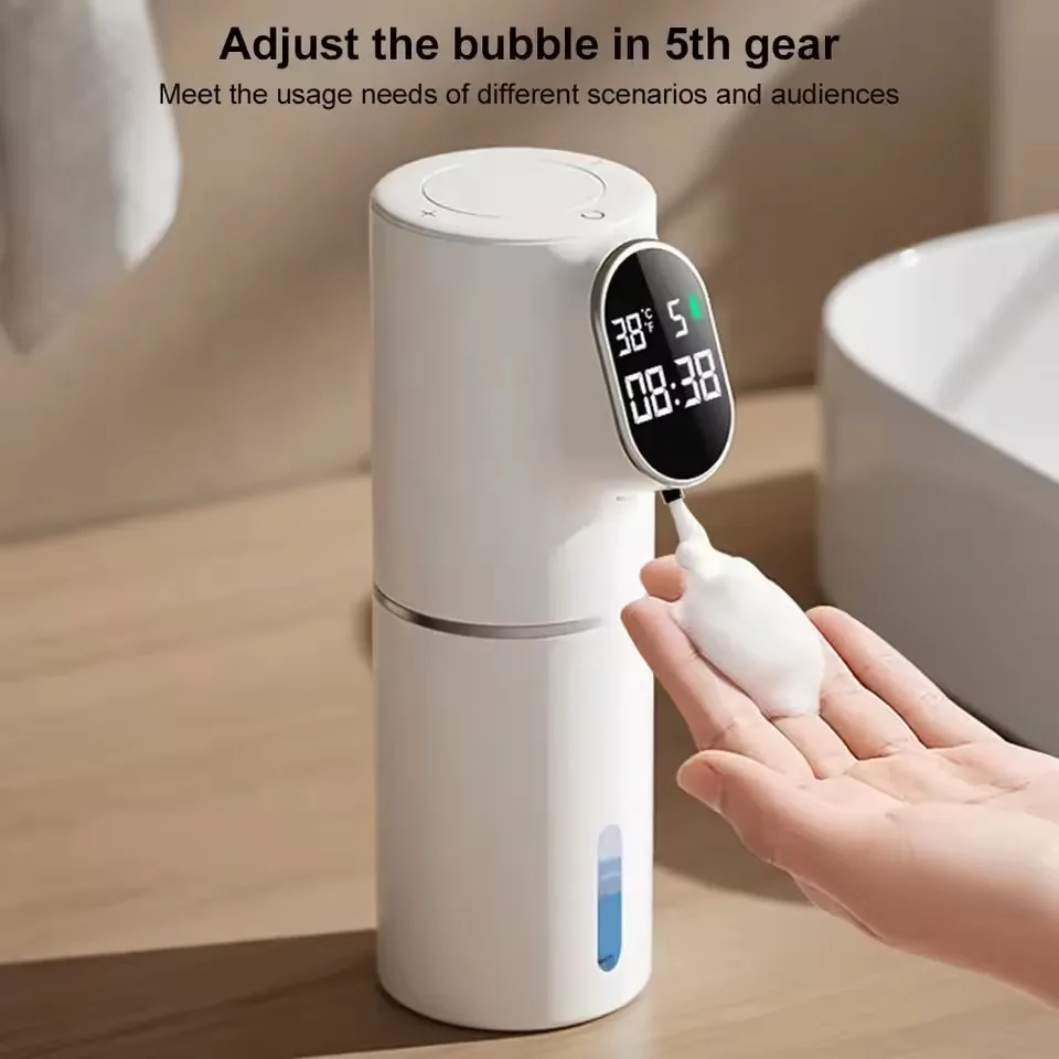 Automatic LED Display 320ML Touchless Hand Soap Dispenser 5 Adjustable Levels Rechargeable Soap Device Time Temperature Display