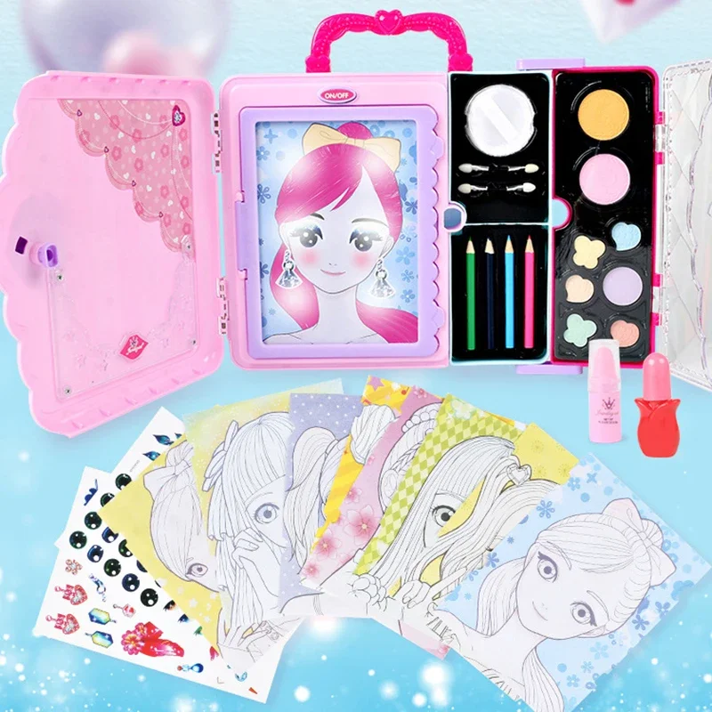 Kinder Make-Up Zeichnung Spielzeug Multi-funktion Griff LED Malerei Bunte Make-up Kosmetik Koffer Spielzeug Zeichenbrett Für Mädchen geschenk