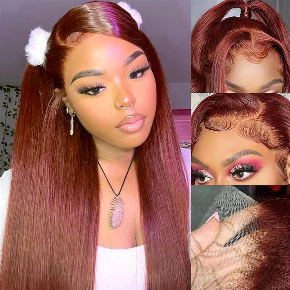 13x4 13x6 Reddish Brown Lace Front Human Hair Wigs Pre Plucked Dark Red Brown Bone Straight Lace frontal Wig 4x4 Closure Wigs