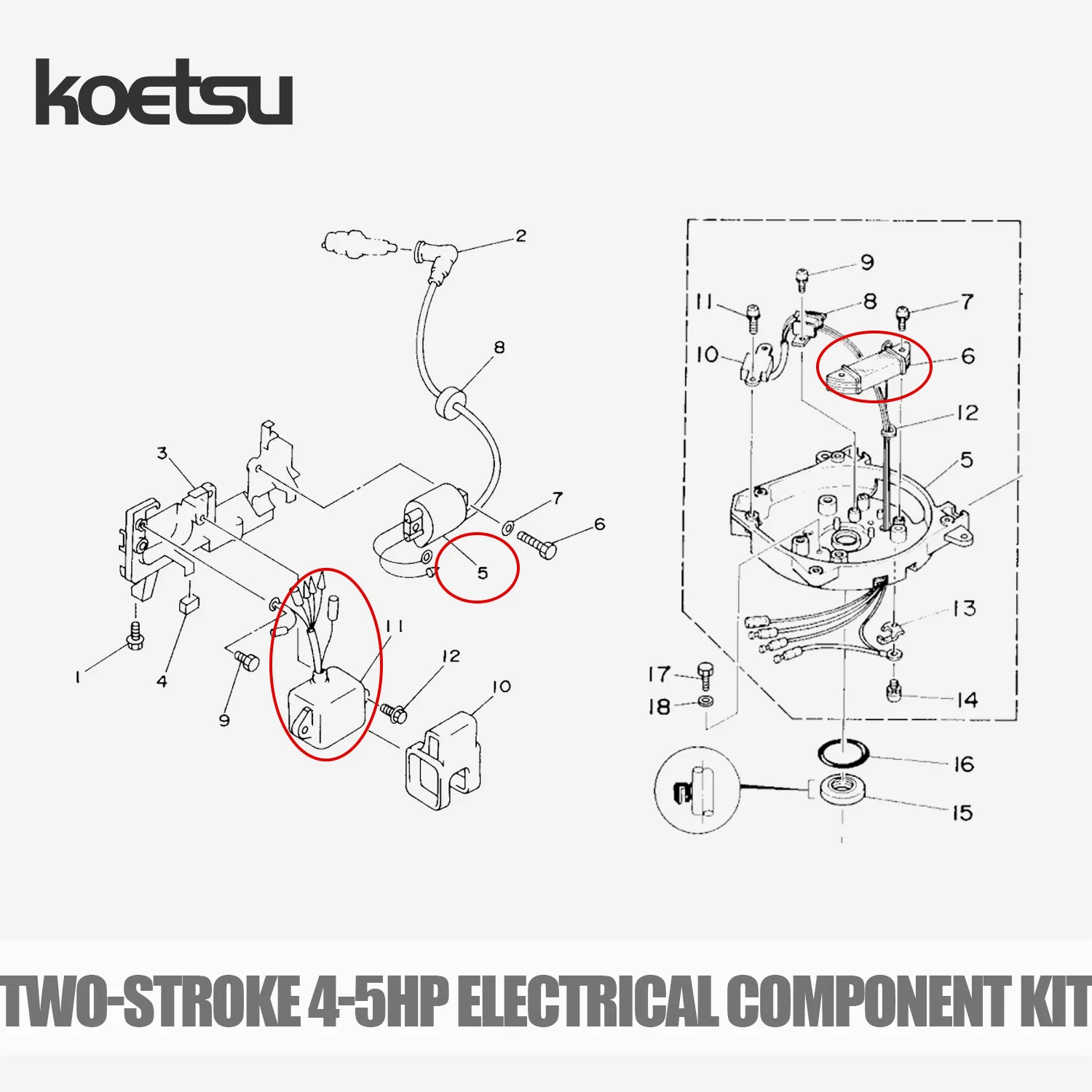 KOETSU Outboard Motor Electrical Components Kit Suitable for Yamaha 2-stroke 4-5HP Engines 6E0-85540-70 6E0-85520-706E0-85570-00