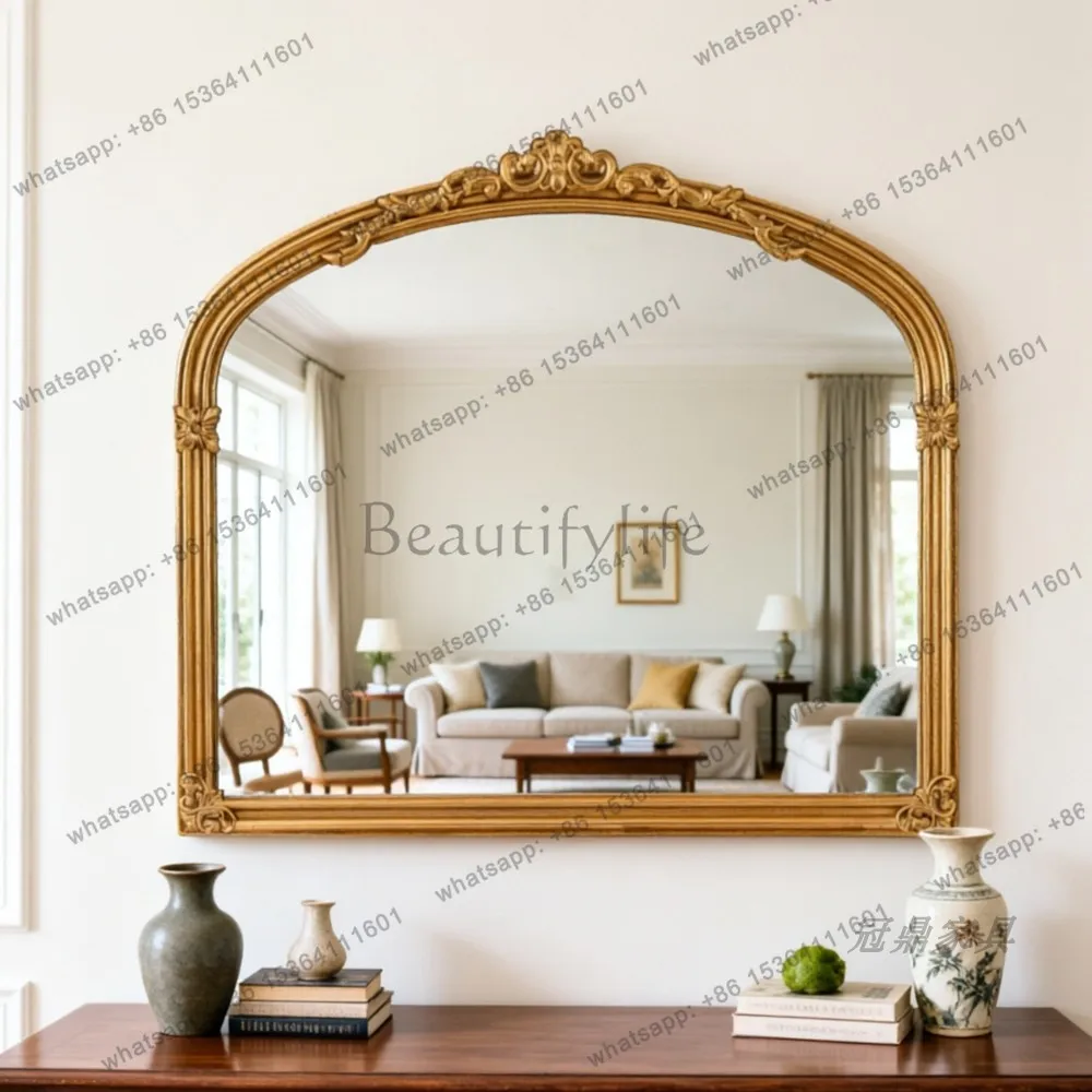 YJ French Retro Carved Arch Wall Mirror Mid‑Century Vanity Unit For Bathroom Bedroom Dressing Fireplace Home Decor